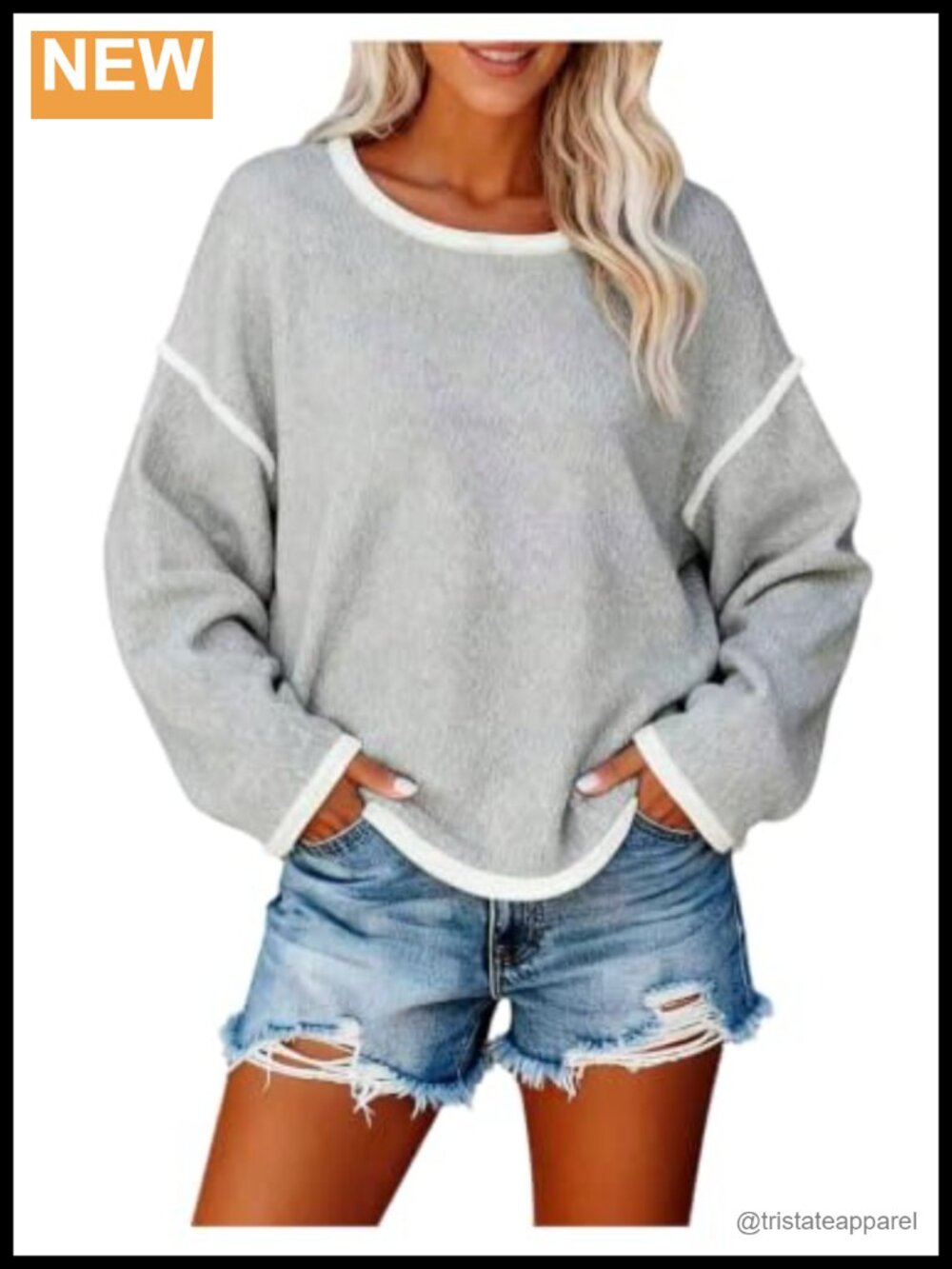 WDIRARA Women's Contrast Trim Long Sleeve Crew Neck Pullover Knit Sweater